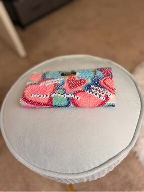 Custom Beaded Heart Card Holder Wallet - Pink & Blue